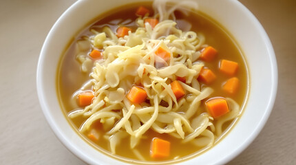 Overhead shot of cabbage soup kapuśniak with sauerkraut shreds, pork stock base, and carrot pieces, warm yellow-green hues, steam effect for appetizing appeal