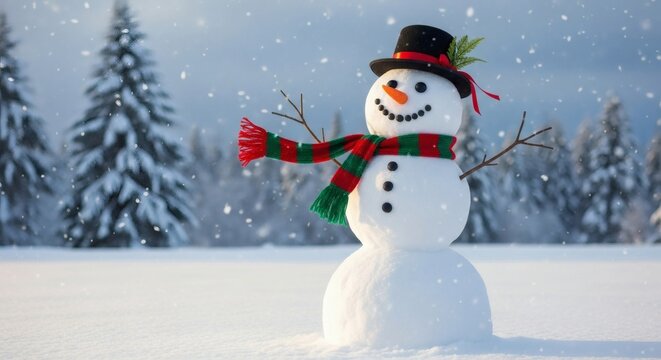Snowman's Winter Wonderland: A festive snowman stands in a picturesque snowy landscape. Adorned with a hat, scarf, and twig arms, he embodies winter charm and holiday cheer.