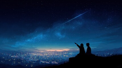 Fototapeta premium Two people are looking up at the sky, pointing at a shooting star. The scene is set in a city at night, with the city lights visible in the background. Scene is peaceful and romantic
