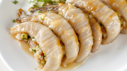 Overhead shot of rolmops pickled herring fillets stuffed with onion and cucumber, coiled presentation, brine gloss, traditional Polish appetizer style