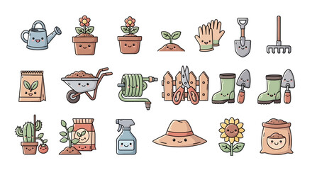 Cute gardening icons: watering can, plants, tools, and supplies.