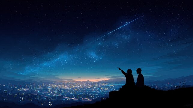 Two people are looking up at the sky, pointing at a shooting star. The scene is set in a city at night, with the city lights visible in the background. Scene is peaceful and romantic
