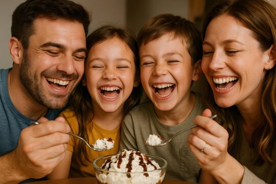 Happy family of four sharing a sweet dessert, eyes closed in laughter and pure enjoyment during a fun family moment