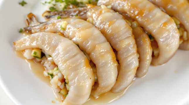 Overhead shot of rolmops pickled herring fillets stuffed with onion and cucumber, coiled presentation, brine gloss, traditional Polish appetizer style