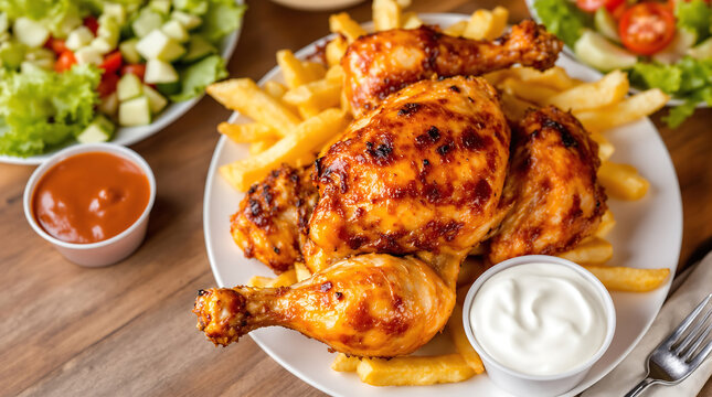 Overhead shot of pollo a la brasa rotisserie chicken golden roasted, french fries, aji sauce, mayonnaise, salad, crispy skin focus