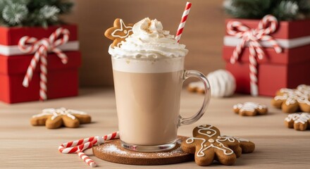 Festive Brew and Gingerbread Delights: A cozy and inviting holiday scene featuring a creamy, topped with whipped cream and a gingerbread man, sitting amidst festive decorations.