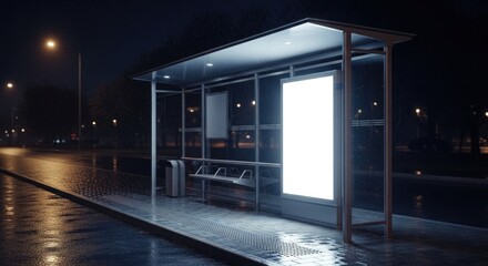 Fototapeta premium Illuminated bus stop at night with blank billboard and wet pavement after rain in the city