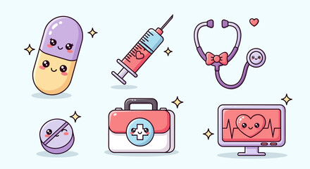 Cute medical icons: pill, syringe, stethoscope, tablet, first aid kit, and monitor with heartbeat.