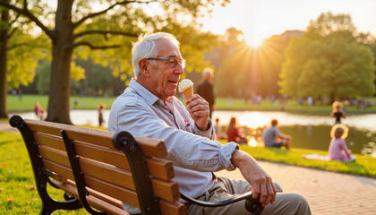Elderly man enjoying ice cream on bench at sunset, joyful moments