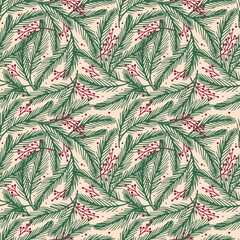 Christmas whimsical seamless pattern with green spruce branches and red berries, on beige background. Coquette pattern for wrapping paper, fabric and holiday decor