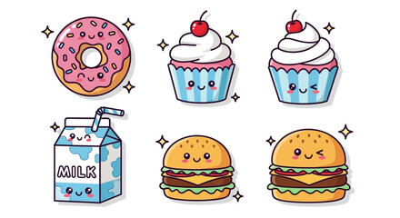 Cute cartoon food illustrations: donut, cupcakes, milk, and burgers with kawaii faces.