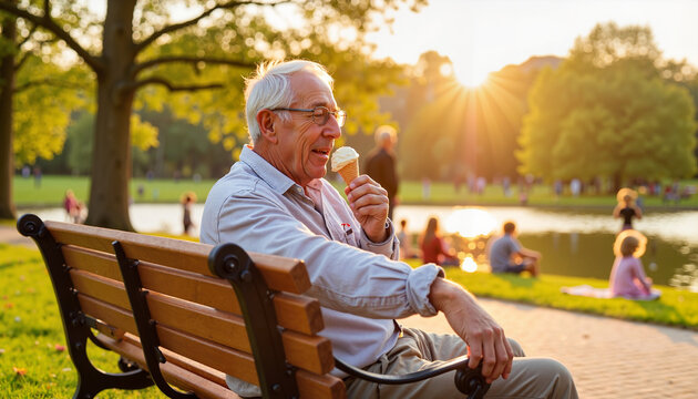 Elderly man enjoying ice cream on bench at sunset, joyful moments