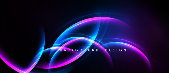 Abstract neon curves, vibrant pinks, blues blend. Dark background creates dramatic visual effect. Modern design element.
