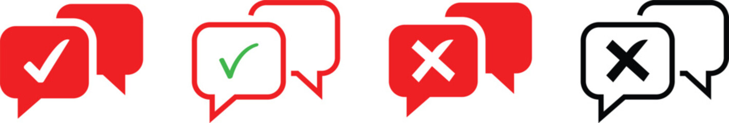 Four speech bubble icons with check and cross marks