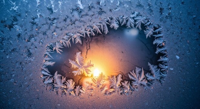 Winter's Delicate Artistry: A mesmerizing display of frost adorns a window, with intricate patterns framing a glimpse of the warm sun, a symbol of hope amidst the chill.