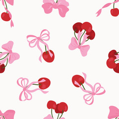 Seamless Pattern of Cherries with Pink Bows. Endless textures for your design	