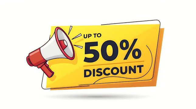 A megaphone announces a discount of up to 50% on a yellow banner