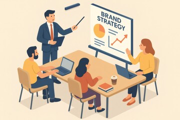 Business team collaborating on brand strategy, brainstorming ideas, and analyzing market data during a corporate presentation
