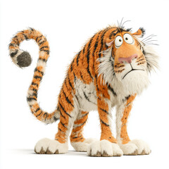 Obraz premium Cartoon tiger stands with a puzzled expression in a playful animation style showcasing bright colors and exaggerated features