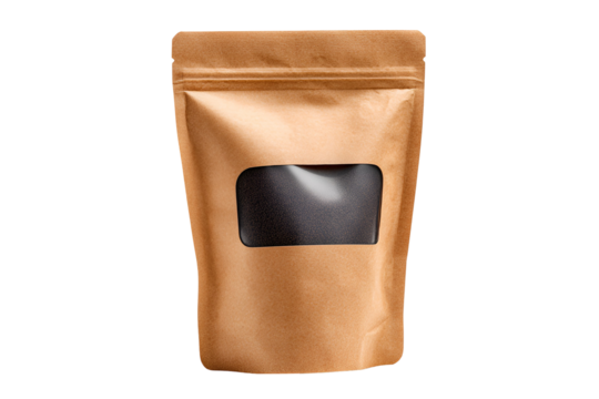 Brown paper stand up pouch with clear window isolated on transparent background