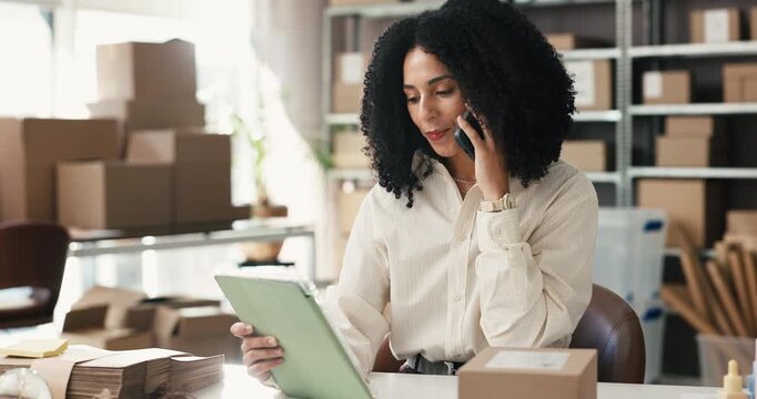 Woman, tablet and phone call with boxes for small business logistics, startup or schedule delivery. Female person, entrepreneur or talking with mobile smartphone or technology for shipping service