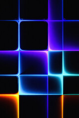 Abstract glowing neon grid with vibrant blue purple and orange light lines on a dark background