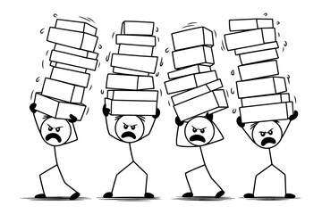 Four stick figures struggle under the weight of enormous stacks of boxes.