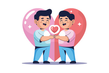 Two cartoon men holding hands in front of a large pink heart symbolizing love and happiness.