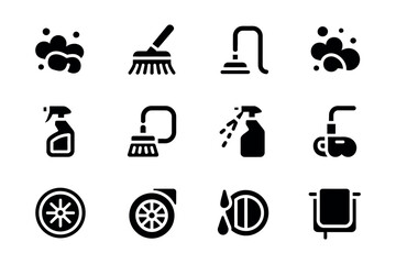 A collection of cleaning icons including soap bubbles, brushes, vacuum cleaners, spray bottles, and towels.