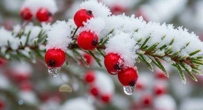Winter Wonderland Berries: Capturing the tranquil beauty of winter, the image showcases vibrant red berries nestled amidst a bed of glistening snow on a frosted evergreen branch.