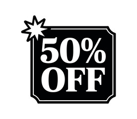 A graphic illustration of a 50% off sale sign with a bursting starburst emblem.