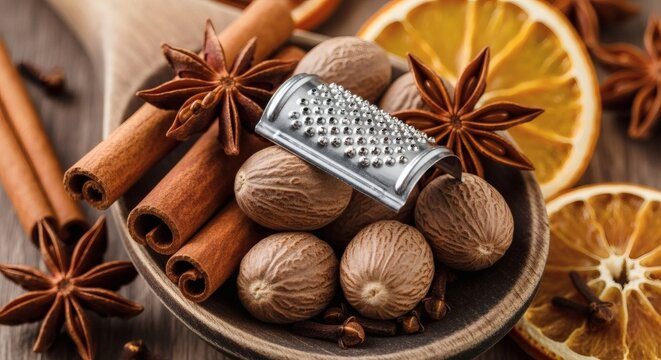 Aromatic Spice Symphony: A captivating arrangement of cinnamon sticks, star anise, nutmeg, and other spices, artfully composed with a microplane grater in the center. - Powered by Adobe