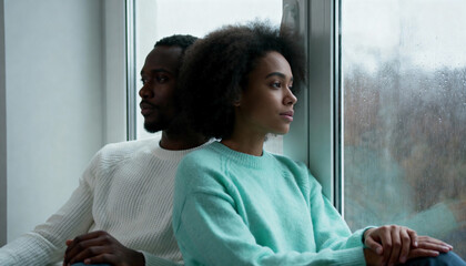 Pensive black couple sitting back to back by a window on a rainy day. Man and woman experiencing relationship problems and conflict. Concept of emotional distance and disagreement