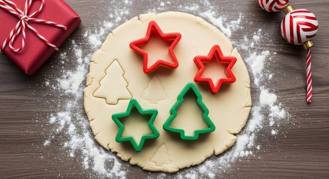 Festive Cookie Dough Preparation: An overhead shot showcases the holiday spirit, with rolled-out dough shaped into Christmas and star cookies. Nestled beside the cutting shapes is a festive gift box. - Powered by Adobe