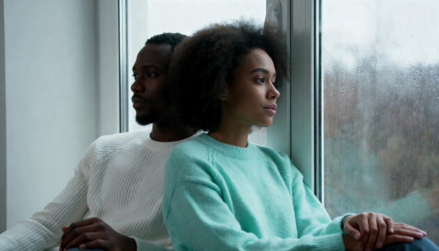 Pensive black couple sitting back to back by a window on a rainy day. Man and woman experiencing relationship problems and conflict. Concept of emotional distance and disagreement