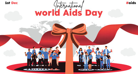 AIDS Day Awareness Crowd with Large Ribbon and Stage Illustration.