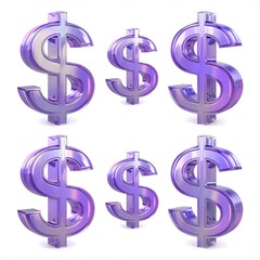 Obraz premium Six shimmering purple glass dollar signs arranged in two rows on a white background