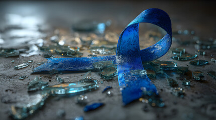 Blue ribbon surrounded by shattered glass pieces on dark surface creating dramatic symbolic scene of fragility strength and survival
