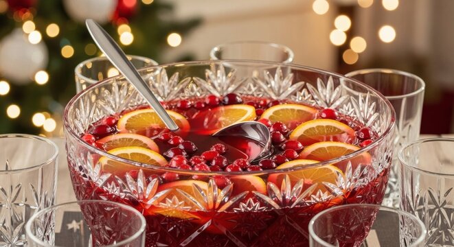 Festive Feast: A beautiful crystal punch bowl, brimming with a ruby-red fruit punch. sliced oranges and cranberries offer a burst of flavor, and crystal glasses enhance the joyous ambiance.