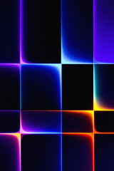 Abstract glowing neon grid pattern with vibrant purple blue and orange light effects on black background
