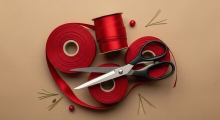Crimson Ribbon and Scissors: A vibrant display of red ribbon, perfectly coiled and poised for crafting, alongside sharp scissors, all set against a neutral backdrop, ready to create.