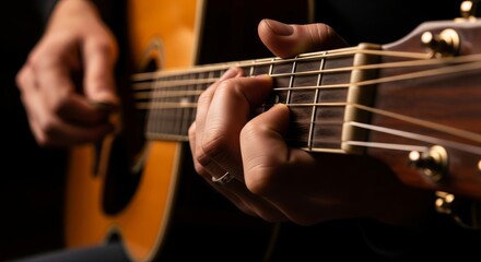 Hands Playing Acoustic Guitar. musician's hands playing chords on the fretboard of a wooden acoustic guitar. Represents music, hobby, talent, art, relaxation, and creativity.
