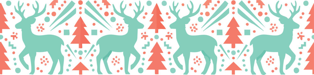 A festive seamless pattern featuring stylized mint-green reindeer, coral Christmas trees, snowflakes, and geometric winter motifs