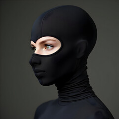 Woman in sleek black full-face bodysuit with visible eye cutout, soft lighting and smooth matte texture