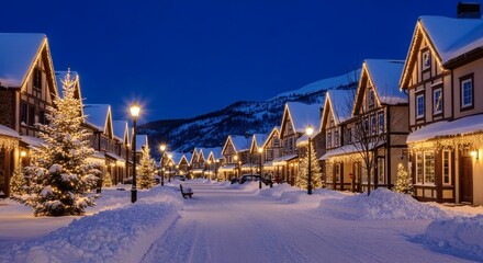 Fototapeta premium Winter Village Serenity: The village bathed in a serene twilight glow, offering a cozy Christmas and holiday season escape.