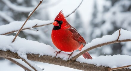 Cardinal in Winter Wonderland: A vibrant cardinal perches gracefully on a snow-covered branch, its fiery red plumage providing a striking contrast against the serene winter landscape.