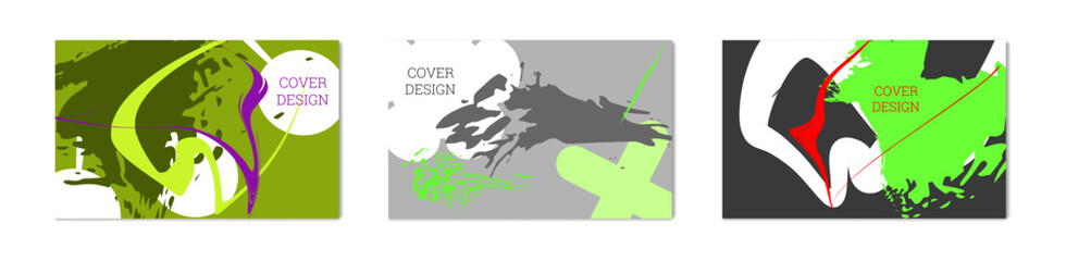 Paint strokes and geometric elements. Set of 3 multi-colored backgrounds.