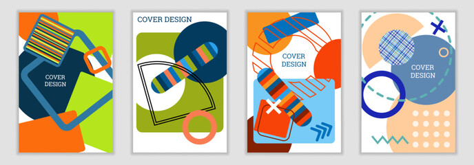 Bright background in Memphis style. Set of 4 geometric cover designs. 