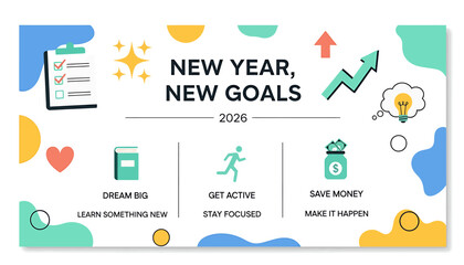 Inspirational banner concept for setting new year's resolutions and personal growth goals for 2026 with icons