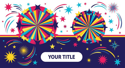 Dynamic Festive Celebration Banner with Colorful Fireworks and Sparkling Starbursts, Perfect for Event Marketing and Holiday Greetings